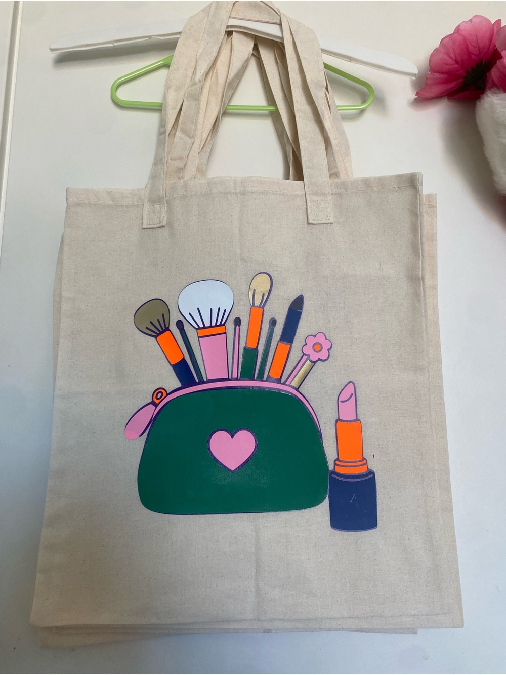 Canvas Tote Bag with Green Makeup Pouch Graphic - Pink Accent